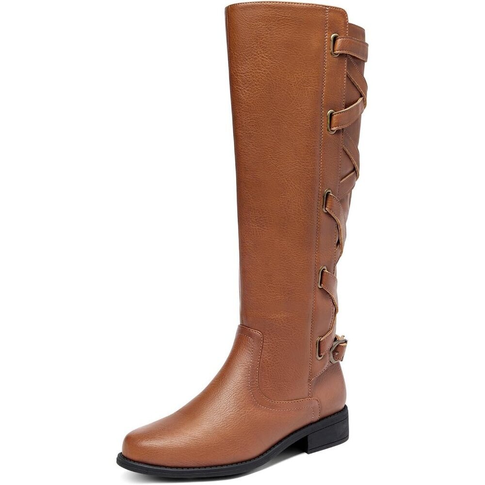 Womens Faux Leather Light Brown Strappy Motorcycle Knee High Riding Lace Up Boot